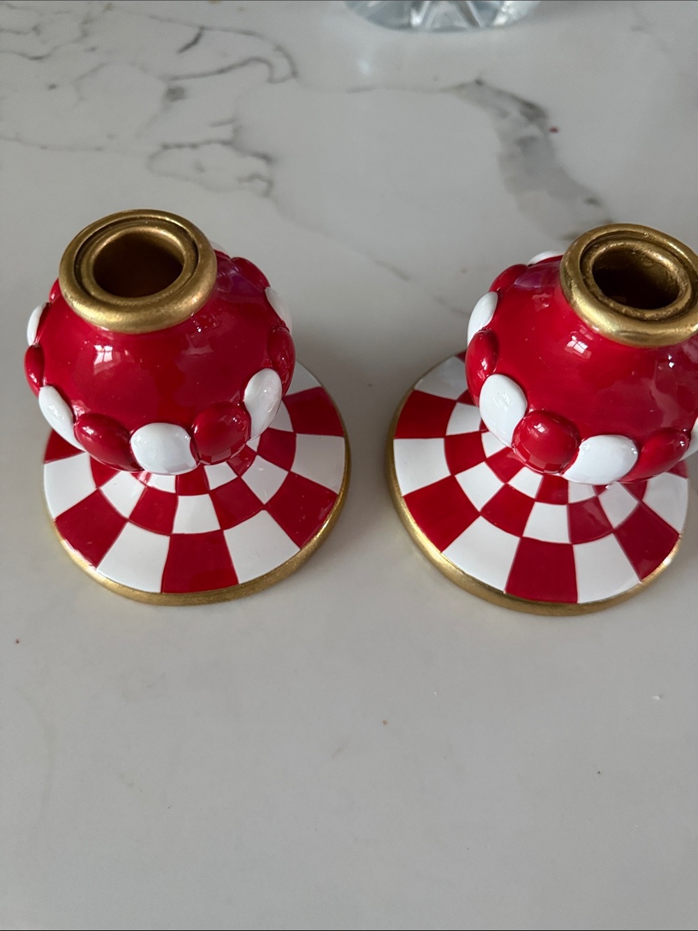 MacKenzie-Childs Red, White & Gold Checkered Ceramic Short Candle Holders. 4.5”